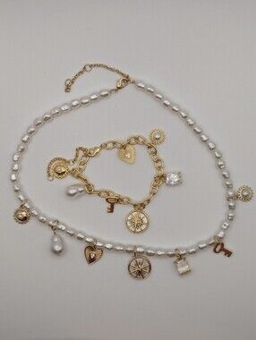 Gold Charm Faux Pearl Necklace & Bracelet Set  with Gold Charms